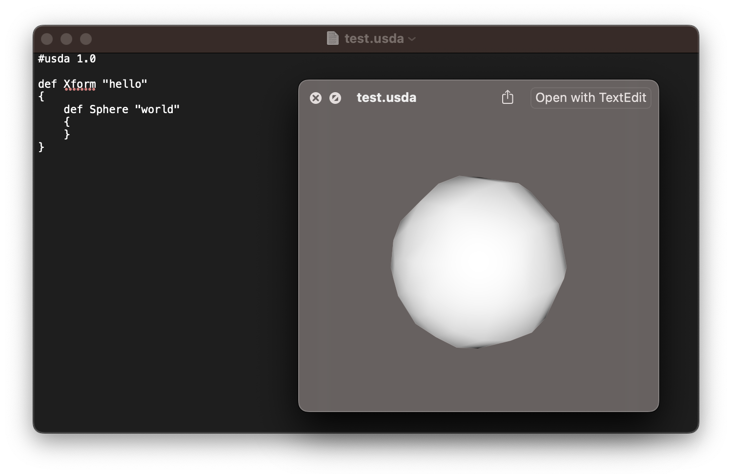 Composite of two screenshots: A text editor with basic hello world text, and a QuickView window with our friend the sphere, once again.