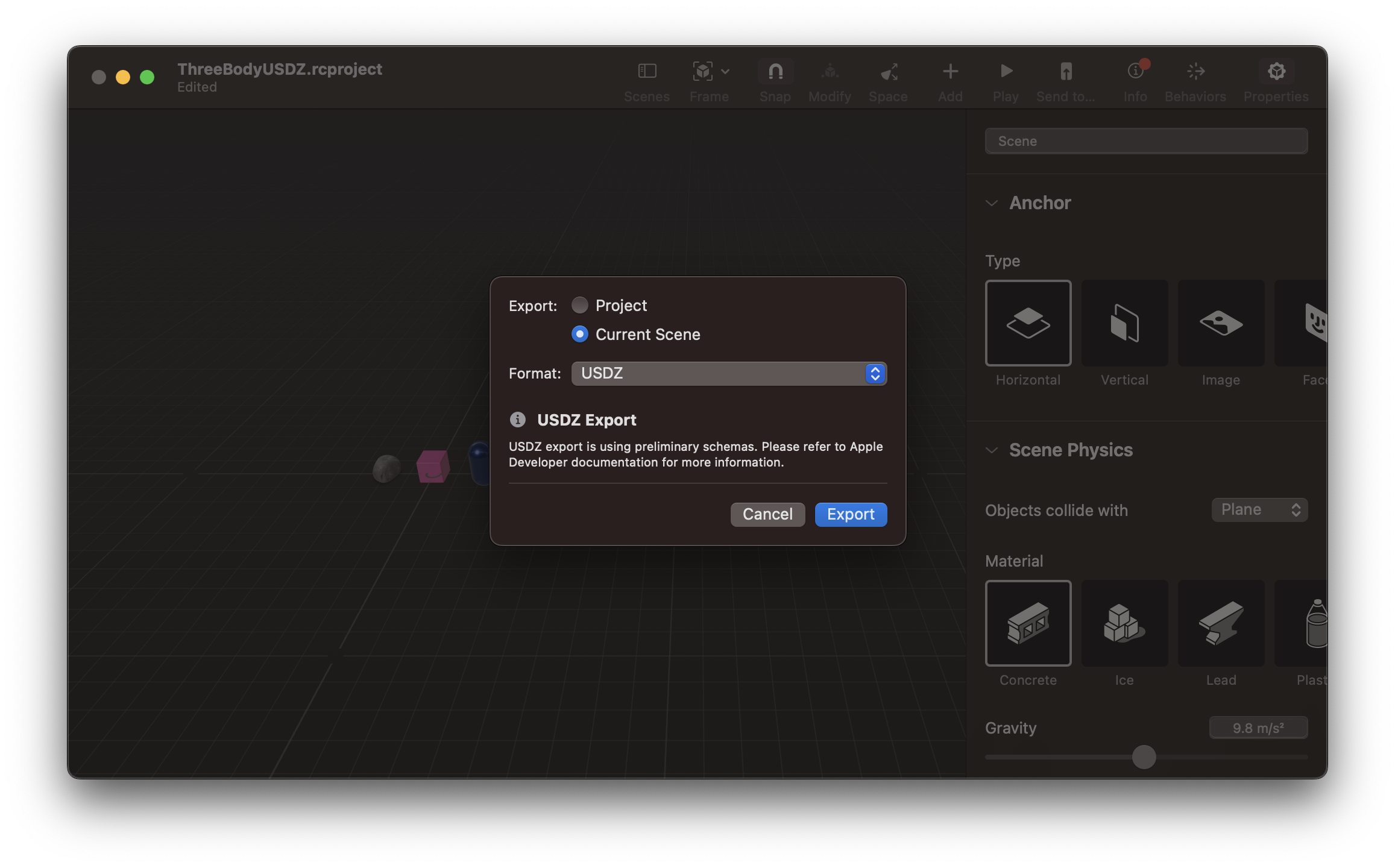 Screenshot of Reality Composer export window in context over a view of the file being exported. The radio button for exporting only the scene is selected. USDZ is selected as the export file type in the drop down menu. There are instructions to look up the developer documentation