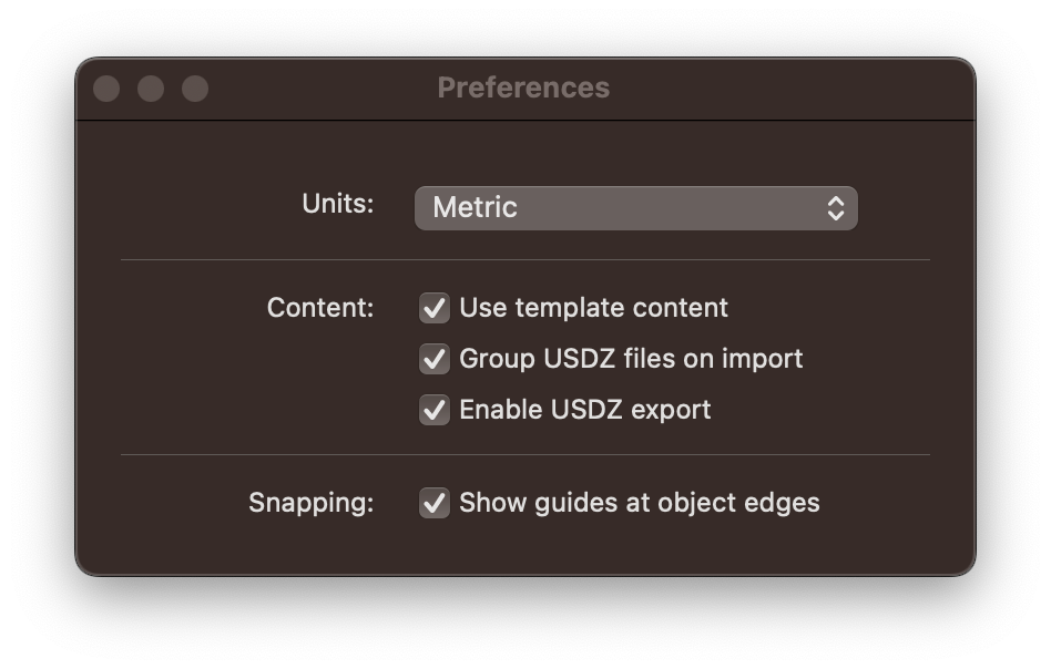 Screenshot of a Reality Composer settings window. It is very small and only has about 5 things to edit, but the one that says Enable USDZ Export is checked.