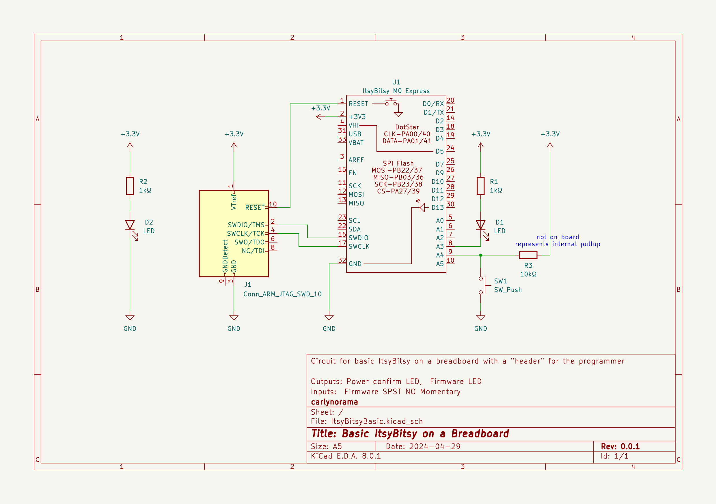 Schematic of ItsyBitsy with an LED and a switch.