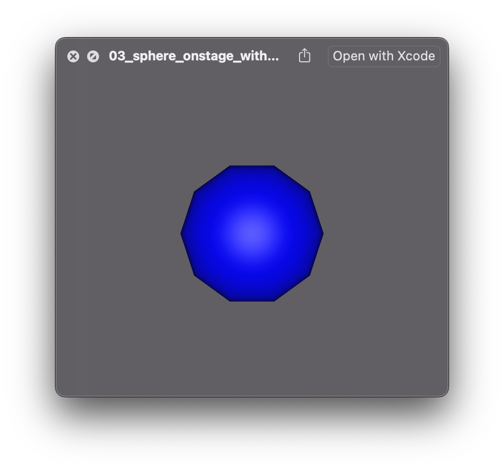 A low poly image of a bright blue sphere in a computer window.