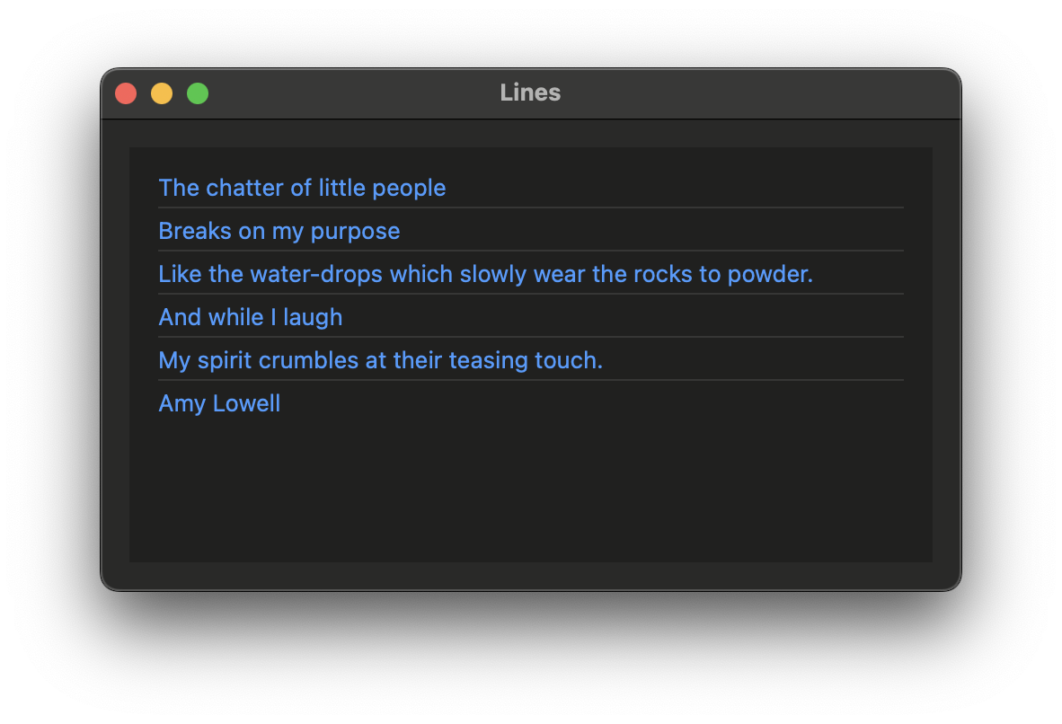 Screenshot of Lines. In Dark mode. It’s very plain, but it has an Aliens by Amy Lowell as the lines in it