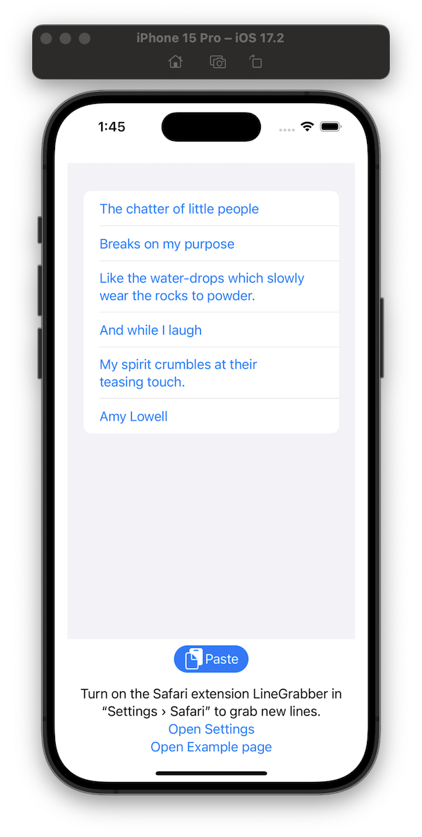 Screenshot of iOS simulator version this time, with the paste button